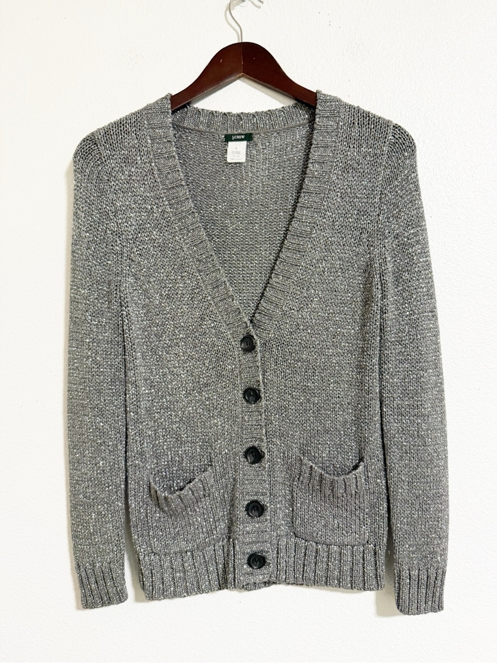 J. Crew Metallic Silver V Neck Cardigan Size M